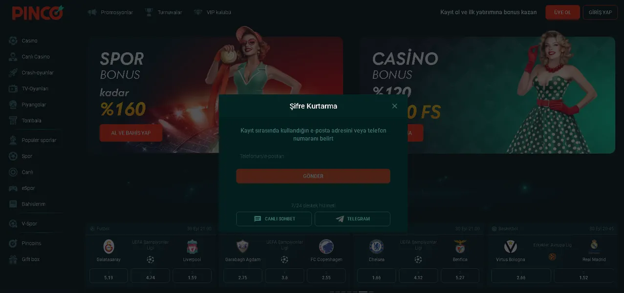 Pinco casino giriş ile tekrar giriş ve şifre yenileme